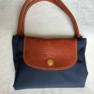 Longchamp Le Pliage Navy and Brown Foldable Top-Handle Tote